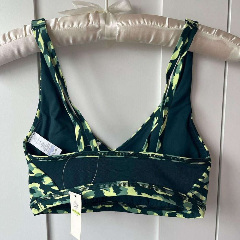 Aerie Offline Leopard Print Mesh Back Plunge Sports Bra Green XS NWT - Picture 3 of 6